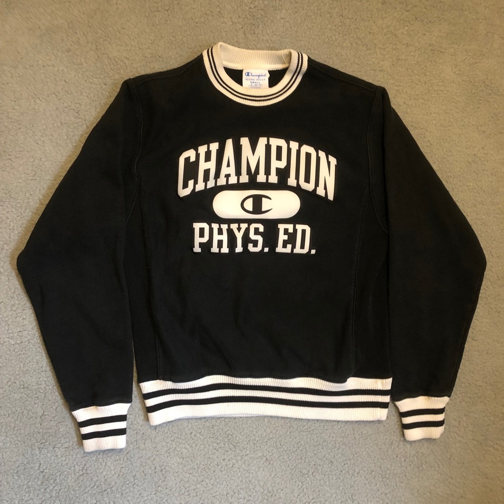 Champion Reverse Weave Phys Ed Sweatshirt Black Varsity Striped Small Crewneck